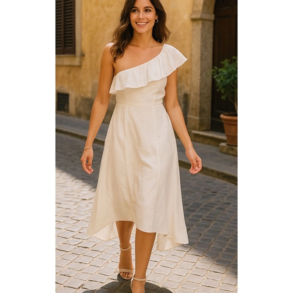 A.L.C. Silk And Linen One-Shoulder Cream Ruffle Midi Dress